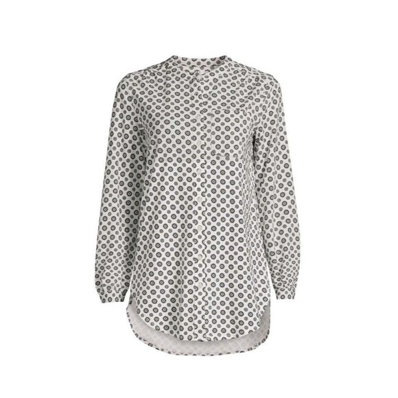 Lands End Sz 1X Blouse Shirt Button Down Top White Gray Geometric Print Career - Picture 2 of 8